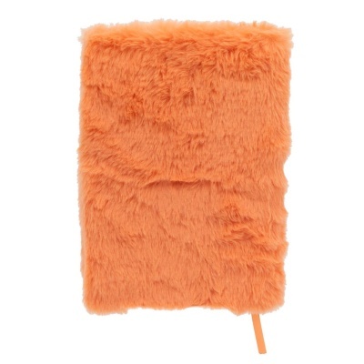 Caderno com capa felpuda laranja e marcador de fita