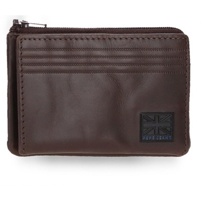 Carteira de pele castanha escura com fecho e etiqueta PEPE JEANS