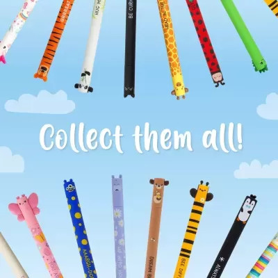 Conjunto de canetas coloridas com personagens de animais e frases divertidas