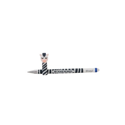 Caneta preta e branca com tampa em forma de cabeça de zebra.
