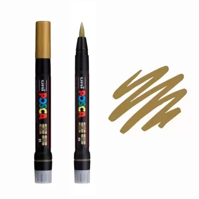 Marcadores Uni Posca com ponta pincel dourada e desenho da cor aplicada