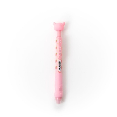 Caneta mecânica rosa com padrão de morangos e cabeça de porco