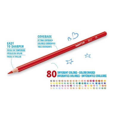 Lápis de cor vermelho Staedtler 371-4 04 com ilustrações de corações e estrelas azuis e texto sobre características