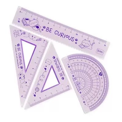 Conjunto de quatro réguas de plástico lilás com desenhos e texto roxo