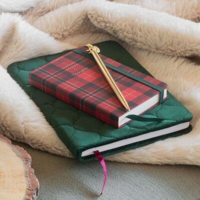 Duas agendas, uma xadrez vermelha e preta com caneta dourada e outra verde acolchoada, sobre tecido peludo branco.