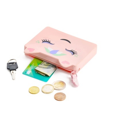 Carteira rosa clara de silicone com fecho cor de rosa e desenho facial, com notas, moedas, cartão e chave