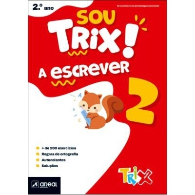 Capa de livro 'Sou TRIX! A Escrever 2' com imagem de esquilo e texto em português