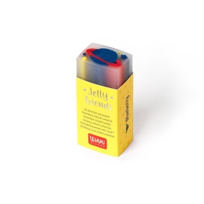 Apagador aromatizado Jelly Friends Legami em embalagem amarela com apagador colorido