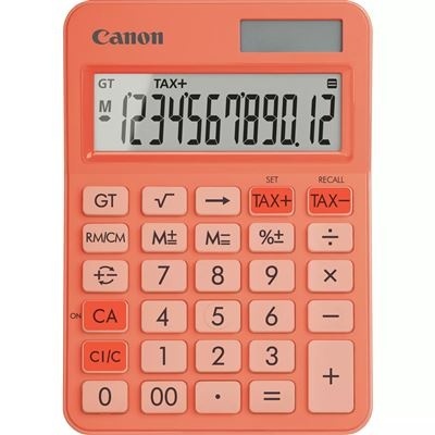 Calculadora digital coral Canon com visor LCD e botões multifunções