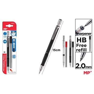 Lápis mecânico preto MP com grafite 2.0 mm e embalagem vermelha e branca