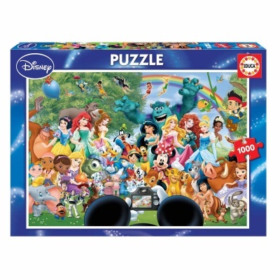 Imagem da caixa de puzzle Disney com várias personagens coloridas e texto PUZZLE