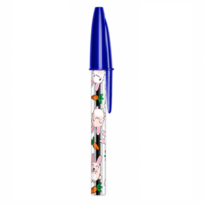 Caneta esferográfica azul com estampado fofo de coelhos cor-de-rosa e cenouras