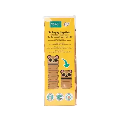 Embalagem amarela com texto e desenho de urso para estojo extensível