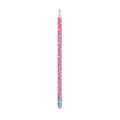 Lápis cor-de-rosa com padrão de raposas cinzentas e patas cor-de-rosa claras.