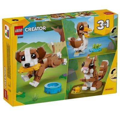 Caixa LEGO Creator 3 em 1 com figuras de cão, pato e esquilo feitas de blocos de montar
