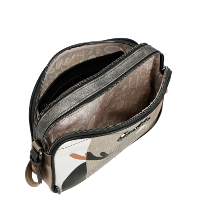 Mala de ombro com padrão artístico e interior forrado com texto Anekke