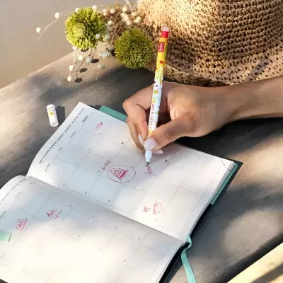 Agenda aberta com anotações em caneta vermelha e mão segurando caneta colorida sobre mesa com chapéu e flores secas.