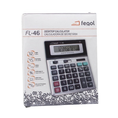 Calculadora Fegol FL-46 em embalagem branca com imagem da calculadora e texto