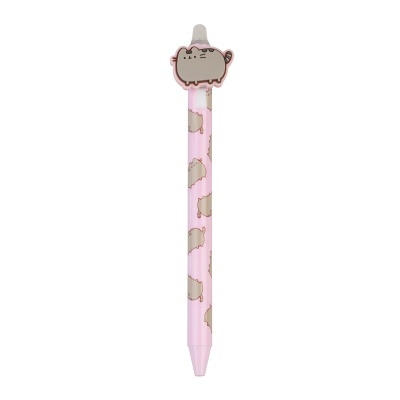 Caneta cor-de-rosa com padrão de gatos e decoração de gato no topo