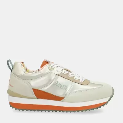 Sapatilha desportiva branca e laranja com pormenor texturado listrado colorido