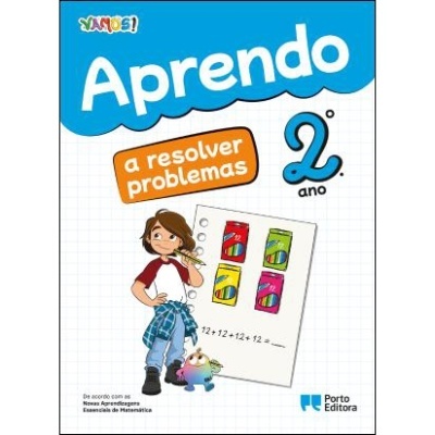 Capa de livro 'Aprendo a resolver problemas 2º ano' com ilustração de criança e caderno