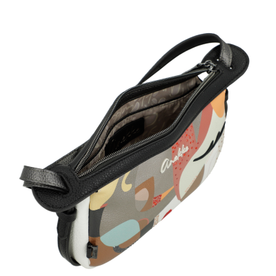 Bolsa de ombro pequena com padrão abstrato colorido, detalhes em pele preta e fecho de correr.