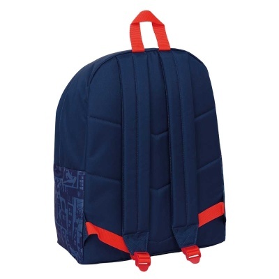 Mochila azul escura com alças vermelhas e padrão azul na lateral