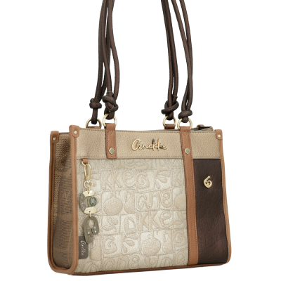 Bolsa de mão feminina bege com detalhes castanho e decoração dourada