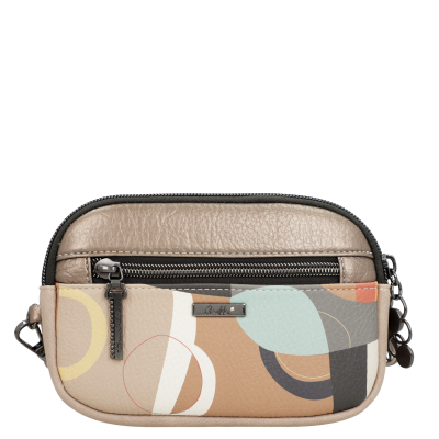 Bolsa pequena Anekke bege com padrão geométrico colorido e fecho de correr