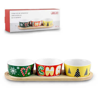 Conjunto de três tigelas de aperitivos com motivos natalícios e base de madeira