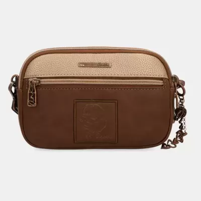 Bolsa castanha e bege com zíper e corrente decorativa
