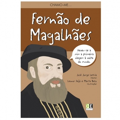 Capa do livro Fernão de Magalhães com ilustração de homem barbudo e balão de fala