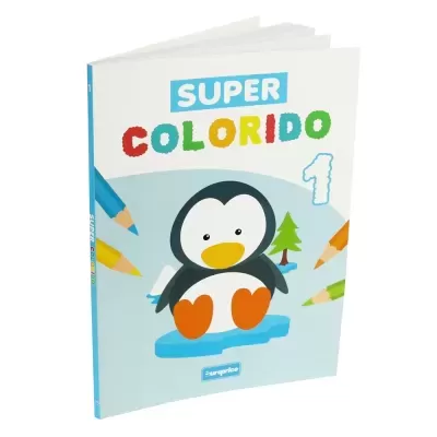 Capa de livro infantil para colorir com pinguim e lápis de cor