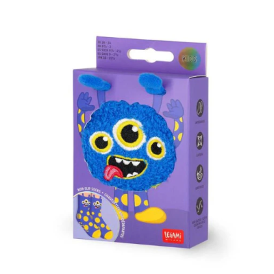 Caixa de meias antiderrapantes para crianças com padrão de monstrinho azul e amarelo em fundo roxo