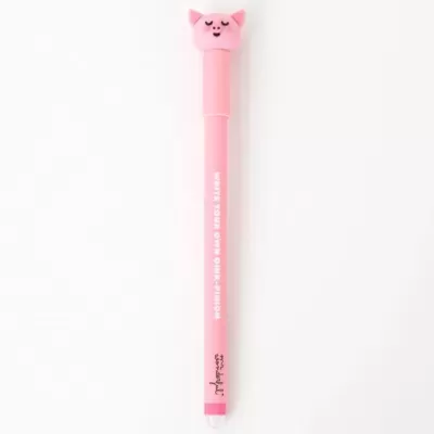 Caneta cor-de-rosa com tampa de gato e texto branco