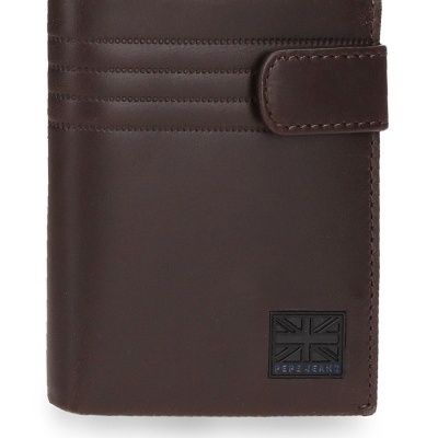 Carteira de pele castanha escura com fecho de aba e logótipo PEPE JEANS.