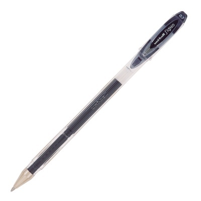 Caneta preta Uniball Signo 0.7 com corpo transparente