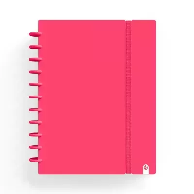 Caderno rosa com argolas e elástico