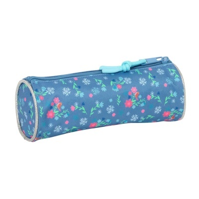 Estojo escolar cilíndrico azul com padrão floral colorido e fecho de correr