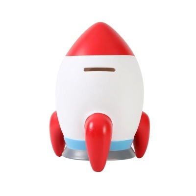 Poupança em forma de foguetão vermelho, branco, azul e cinzento com ranhura para moedas