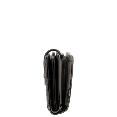 Carteira cinza e preto vista de lado com fecho por zíper