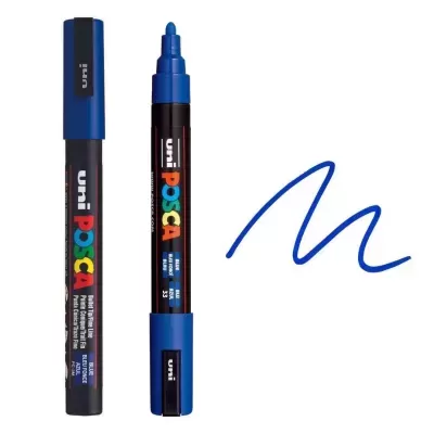 Dois marcadores Uni Posca com tampas azuis e uma linha azul desenhada