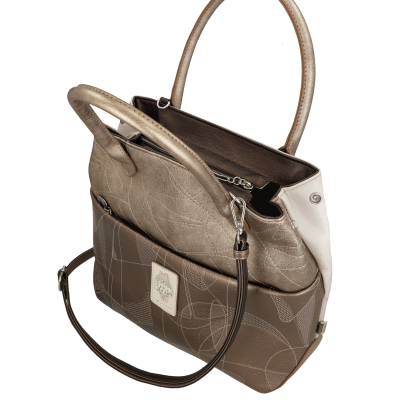 Mala de mão feminina castanha e bege com padrão abstrato e alças douradas