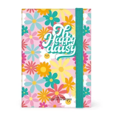 Caderno com padrão colorido de flores e elástico verde