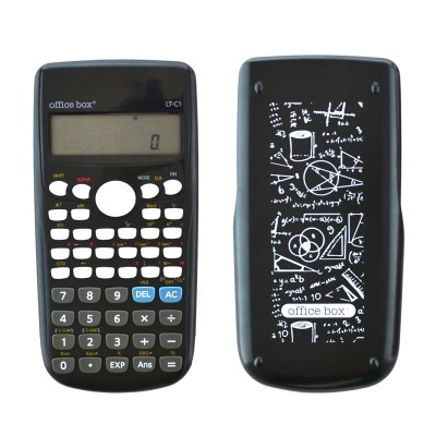 Calculadora científica preta vista de frente e verso
