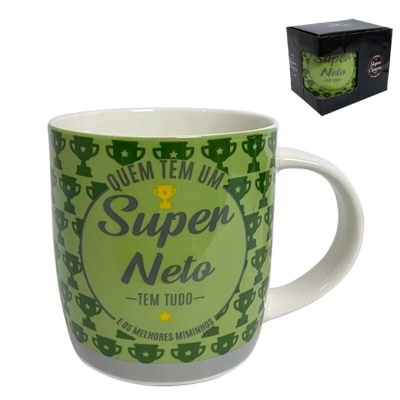 Caneca de cerâmica branca com decoração verde e texto para neto