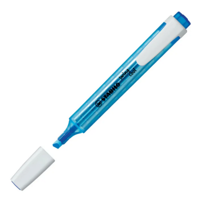 Marca-texto azul com tampa branca e texto STABILO swing cool