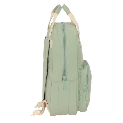 mochila verde clara com fechos éclair e alças creme vista lateral