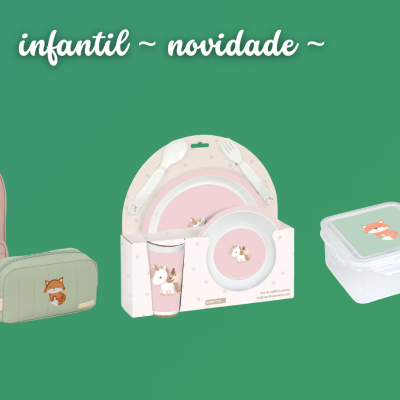 Produtos infantis incluindo mochila, estojo, conjunto de louça, caixa de comida e garrafão com desenhos de animais e cores pastel.