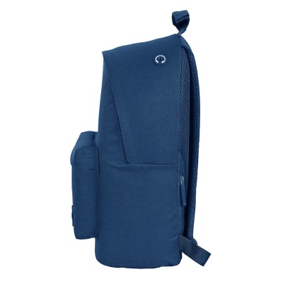 Mochila azul de tecido com compartimento frontal e alça de transporte